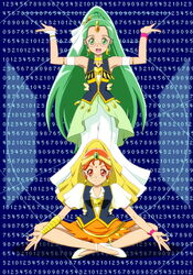  2girls bindi blue_background bracelet brooch choker commentary_request dress earrings forehead_jewel glasses green_eyes green_hair green_haired_cure_(wonderful_net_precure)_(happinesscharge_precure!) green_skirt hair_ornament happinesscharge_precure! happy heart heart_brooch highres international_precure jewelry long_hair looking_at_viewer magical_girl moritakusan multiple_girls open_mouth orange_eyes orange_hair orange_haired_cure_(wonderful_net_precure)_(happinesscharge_precure!) orange_skirt ponytail precure shirt shoes short_hair sitting skirt smile standing vest wrist_cuffs 