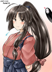  ahoge alternate_costume alternate_hairstyle arms_behind_back artist_name blush brown_eyes brown_hair commentary_request cosplay crossover dated female hair_ribbon hakama hakama_skirt heart high_ponytail highres houshou_(kancolle) houshou_(kancolle)_(cosplay) japanese_clothes kamelie kantai_collection kaonashi kimono long_hair looking_at_viewer low-tied_long_hair mask ponytail ribbon sen_to_chihiro_no_kamikakushi shouhou_(kancolle) simple_background skirt smile tasuki 