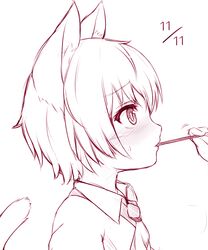  1boy animal_ears blush cat_boy cat_ears cat_tail commentary_request dated food kida_kuro_mu monochrome original pocky pocky_day shiro_(kida_kuro_mu) short_hair simple_background tail white_background 