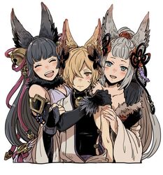  1boy 2girls animal_ears backless_outfit bell blush closed_eyes commentary_request elbow_gloves emu_(losspass) erune fox_ears gloves granblue_fantasy hair_bell hair_ornament kou_(granblue_fantasy) long_hair multiple_girls off_shoulder open_mouth red_eyes smile societte_(granblue_fantasy) tail yuel_(granblue_fantasy) 