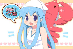  blue_eyes blue_hair commentary_request dress female hat ikamusume katakuriri long_hair shinryaku!_ikamusume shrimp solo tentacle_hair 