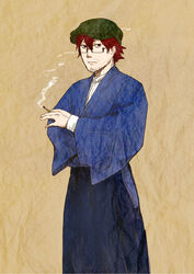  1boy cigarette commentary english_commentary facial_hair glasses hakama hakama_skirt hat highres japanese_clothes kondraki male_focus red_eyes red_hair scp_foundation seneo shosei skirt smoke solo 