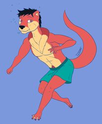  2015 anthro clothing felix_reverie fur hi_res male mammal multicolored_body multicolored_fur mustelid otter solo swimwear underwater unknown_artist water 