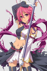  antenna_hair arm_up bandages belt blush breasts commentary_request female koihime_musou medium_breasts navel photoshop_(medium) pink_hair polearm purple_eyes ryofu scarf skirt solo tattoo thighhighs weapon yachiwo 