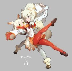  2girls alpaca_ears alpaca_suri_(kemono_friends) animal_ears arm_support blonde_hair blunt_bangs blush brown_footwear commentary cup decantering full_body fur_collar gloves gradient_hair grey_background grey_eyes grey_legwear head_wings japanese_crested_ibis_(kemono_friends) kemono_friends long_hair long_sleeves mary_janes miniskirt mucchiri_shiitake multicolored_hair multiple_girls open_mouth orange_skirt pantyhose pleated_skirt pouring red_eyes red_gloves red_legwear saucer shoes sidelocks simple_background skirt smile teacup teapot translated two-tone_hair wings yellow_eyes 