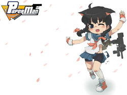  animal_ears backpack bag bike_shorts black_hair blue_eyes braid cat_ears cherry_blossoms copyright_name female fingerless_gloves gloves gun hair_ribbon looking_at_viewer milly_(paperman) oerba_yun_fang outstretched_arms paper_man paperman poochin pu-chin ribbon rifle school_uniform shoes skirt smile socks solo spread_arms title_drop torn_clothes twin_braids weapon white_background wink 