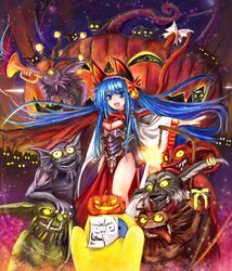  animal_ears armor bad_id bad_pixiv_id blue_hair breasts cape cleavage dot_heit female fire genderswap_(mtf) gift gnarl_(overlord) halloween headphones instrument jack-o&#039;-lantern light long_hair medium_breasts minion_(overlord) night open_mouth overlord_(arpg) overlord_(character) photo_(object) pumpkin quaver_(overlord) ribbon roderick_bodkin rule_63 smile st-ko star_(symbol) tail trumpet wolf_ears 