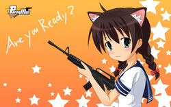  animal_ears black_hair braid cat_ears copyright_name english female green_eyes gun hair_ribbon ksubaru looking_at_viewer m-16 milly_(paperman) paper_man paperman ribbon rifle school_uniform smile star title_drop twin_braids weapon 