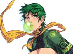  bad_deviantart_id bad_id blowing_bubbles breasts chewing_gum cleavage earrings female food fruit green_eyes green_hair jewelry kiwi_(fruit) kiwi_(reza_kabir) large_breasts lips original scarf short_hair solo the_art_mage transparent_background upper_body 