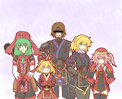  4girls alternate_costume blonde_hair blue_eyes bow brown_hair censored clearfile commentary_request crossed_arms crossover doll final_fantasy final_fantasy_xi front_ponytail green_eyes green_hair hairbow identity_censor kagiyama_hina kawashiro_mitori kitanai_ninja medicine_melancholy mizuhashi_parsee multiple_girls ninja ninja_(final_fantasy) original pink_hair pointy_ears red_eyes red_mage_(final_fantasy) side_ponytail simple_background su-san surcoat the_iron_of_yin_and_yang thighhighs touhou weapon white_mage_(final_fantasy) wings 