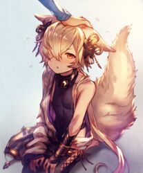  1boy animal_ears backless_outfit blush collar commentary_request erune fox_ears fox_tail granblue_fantasy hair_ornament hand_on_another&#039;s_head headpat kou_(granblue_fantasy) long_hair male_focus navel off_shoulder open_mouth red_eyes seiza shigaraki_(strobe_blue) side-tie_legwear sitting tail 