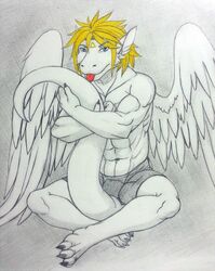  angel_dragon anthro blonde_hair dragon feathered_dragon feathered_scalie feathered_wings feathers hair hi_res looking_at_viewer male muscular muscular_anthro muscular_male mythological_creature mythological_scalie mythology nameless00 scalie siegfried solo tail tongue tongue_out traditional_media_(artwork) wings 