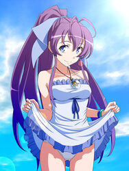  antenna_hair bare_shoulders blue_eyes bracelet clothes_lift cloud commentary_request day dress dress_lift female itou_nobuhiro jewelry long_hair looking_at_viewer panties pendant ponytail purple_hair ryuugajou_nanana ryuugajou_nanana_no_maizoukin sky smile solo underwear very_long_hair white_panties 