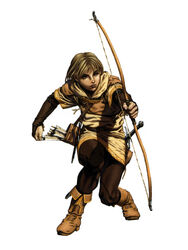  1boy arm_guards arrow_(projectile) belt blonde_hair bow_(weapon) expressionless full_body hood leather llewelyn male_focus official_art pants parted_lips photoshop_(medium) quiver simple_background solo squatting sword unsheathed valkyrie_profile_(series) weapon white_background yoshinari_kou yoshinari_you 