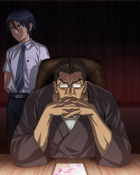  2boys black_hair breast_pocket collared_shirt dark father_and_son gendou_pose glasses hair_between_eyes highres japanese_clothes kimono kousaka_daisuke kousaka_kyousuke male_focus multiple_boys mutsuki_(moonknives) necktie neon_genesis_evangelion ore_no_imouto_ga_konna_ni_kawaii_wake_ga_nai own_hands_clasped own_hands_together parody photoshop_(medium) pocket shirt sitting sweatdrop tachiki_fumihiko voice_actor_connection white_shirt wing_collar 