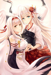  2girls aqua_eyes azur_lane bird blurry blush brown_eyes closed_mouth commentary cosplay costume_switch crossover depth_of_field floating_hair hair_ornament hairband hakama hakama_short_skirt hakama_skirt highres historical_name_connection holding_hands interlocked_fingers japanese_clothes kantai_collection kanzashi kimono long_hair mole mole_under_eye multiple_girls muneate name_connection obi pleated_skirt red_skirt revision sash shoukaku_(azur_lane) shoukaku_(azur_lane)_(cosplay) shoukaku_(kancolle) shoukaku_(kancolle)_(cosplay) sidelocks skirt sleeves_rolled_up smile white_hair white_kimono yuemanhuaikong 