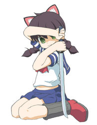  animal_ears black_hair braid cat_ears female green_eyes hair_ribbon katana looking_at_viewer midriff milly_(paperman) paper_man paperman profile ribbon shoes simple_background sitting skirt smile socks solo sword twin_braids watariko weapon white_background 