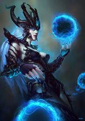  armor aura blue_eyes breasts cassio_yoshiyaki commentary ear_protection energy_ball english_commentary female fingerless_gloves forehead_jewel forehead_protector gloves glowing glowing_eyes helmet league_of_legends lips long_hair medium_breasts nail_polish nose orb pauldrons photoshop_(medium) purple_nails realistic shoulder_armor solo syndra white_hair 