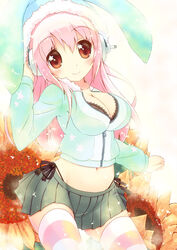  animal_ears animal_hat blush breasts brown_eyes bunny_ears bunny_hat cleavage female female flower hat headphones hirose_madoka jacket large_breasts long_hair midriff nitroplus pink_hair skirt smile solo striped striped_legwear sunflower super_sonico yellow_flower 