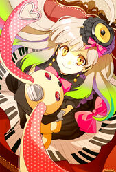  bad_id bad_pixiv_id bow elbow_gloves female from_above gloves gradient_hair hair_ornament instrument long_hair looking_up mayu_(vocaloid) microphone multicolored_hair photoshop_(medium) polka_dot sigina smile solo stuffed_animal stuffed_rabbit stuffed_toy usano_mimi vintage_microphone vocaloid yellow_eyes 