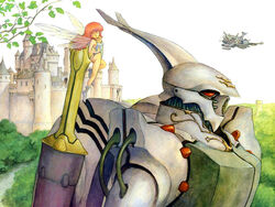  1980s_(style) aircraft ass boots castle cham_fau colored_pencil_(medium) dunbine fairy fantasy female flying forest izubuchi_yutaka leaf long_hair mecha nature official_art orange_hair promotional_art retro_artstyle river robot scan science_fiction seisenshi_dunbine spacecraft sword traditional_media weapon 