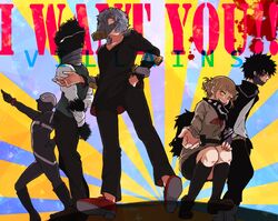  4boys bangs blonde_hair blunt_bangs boku_no_hero_academia bubaigawara_jin cardigan dabi_(boku_no_hero_academia) double_bun female kurogiri_(boku_no_hero_academia) messy_hair multiple_boys school_uniform serafuku shigaraki_tomura skirt toga_himiko yellow_eyes 