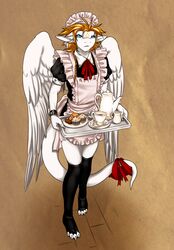  4_toes angel_dragon anthro apron beverage blonde_hair blue_eyes bracelet brown_background cerezo clothed clothing crossdressing dragon feathered_dragon feathered_scalie feathered_wings feathers feet femboy food hair hi_res jewelry legwear maid_uniform male muffin mythological_creature mythological_scalie mythology scalie siegfried simple_background solo stockings tail tea toes uniform white_body wings 