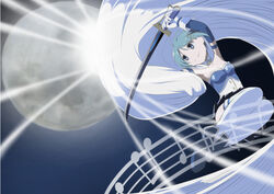  beamed_eighth_notes blue_eyes blue_hair cape commentary_request eighth_note female fortissimo full_moon gloves hair_ornament hairclip magical_girl mahou_shoujo_madoka_magica mahou_shoujo_madoka_magica_(anime) mahou_shoujo_madoka_magica_movie_1_&amp;_2 miki_sayaka miki_sayaka_(magical_girl) moon musical_note musical_note_hair_ornament quarter_note short_hair smile solo staff_(music) strapless sword thighhighs weapon yukimura_kaname zettai_ryouiki 