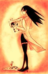  bad_id bad_pixiv_id bird black_hair emperor_penguin female high_heels kitsu_chiri lab_coat long_hair looking_back monochrome pencil_skirt penguin sanosuke sayonara_zetsubou_sensei seishoku_fuoto sepia shoes skirt solo struggling thighhighs vignetting wind wrench 