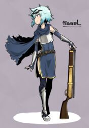  arm_at_side armor armored_boots belt black_thighhighs blue_cape blue_dress blue_gloves blue_hair blush boots breastplate cape character_name commentary_request dress elbow_gloves female fingerless_gloves full_body gloves goggles goggles_on_head gun hachimitsucoffee hair_between_eyes looking_to_the_side profile rifle rosel_(sennen_sensou_aigis) sennen_sensou_aigis short_hair side_slit solo standing thighhighs torn_cape torn_clothes weapon 