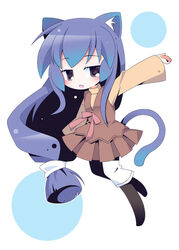  108_(108_tofuya) acchi_kocchi ahoge animal_ears black_legwear blue_eyes blue_hair bow cat_ears cat_tail commentary_request female hair_ornament long_hair low-tied_long_hair miniwa_tsumiki photoshop_(medium) red_bow red_ribbon ribbon solo tail very_long_hair 