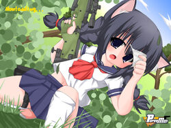  animal_ears black_hair blue_eyes braid breasts cat_ears copyright_name eyepatch fake_screenshot female grass gun hair_ribbon holster kanijiru kanitaro kneeling looking_at_viewer midriff milly_(paperman) navel open_mouth paper_man paperman ribbon rifle school_uniform skirt sky solo title_drop trigger_discipline twin_braids weapon 