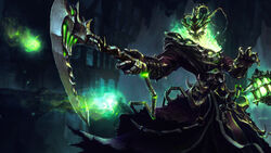  cassio_yoshiyaki fire glowing glowing_eyes green_eyes green_fire hitodama kama_(weapon) lantern league_of_legends male_focus outstretched_arm sickle solo spikes thresh weapon 