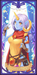  blue_skin blush colored_skin commentary_request dakun female horns league_of_legends long_hair photoshop_(medium) pointy_ears single_horn smile solo soraka_(league_of_legends) staff tabard yellow_eyes 