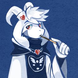  1:1 2015 anthro asriel_dreemurr_(god_form) black_clothing blue_background boss_monster_(undertale) bovid candy caprine chocolate clothed clothing daww dessert digital_media_(artwork) eating fluffy fluffy_hair food fur gem goat hair heart_symbol horn icon looking_at_viewer male mammal pocky red_eyes robe saturnspace simple_background solo undertale undertale_(series) white_body white_fur white_hair 