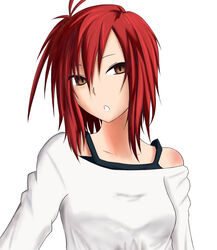  brown_eyes casual commentary_request female highres hoozuki-san_chi_no_aneki hoozuki_haru koo_teitoku off-shoulder_sweater off_shoulder one_side_up red_hair short_hair solo sweater tank_top 