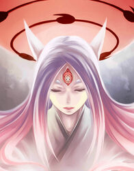  absurdres bei_ju_luoxuan_wan closed_eyes commentary_request eyelashes facial_mark female forehead_mark glowing gradient_hair highres hikimayu horns japanese_clothes kimono lipstick long_hair magic makeup mitsudomoe_(shape) multicolored_hair naruto_(series) naruto_shippuuden ootsutsuki_kaguya pale_skin pink_hair purple_hair red_eyes rinne_sharingan short_eyebrows solo thick_eyebrows third_eye tomoe_(symbol) upper_body white_horns 