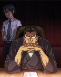  2boys black_hair breast_pocket collared_shirt commentary_request dark father_and_son gendou_pose glasses hair_between_eyes highres japanese_clothes kimono kousaka_daisuke kousaka_kyousuke male_focus multiple_boys mutsuki_(moonknives) necktie neon_genesis_evangelion ore_no_imouto_ga_konna_ni_kawaii_wake_ga_nai own_hands_clasped own_hands_together parody photoshop_(medium) pocket shirt sitting sweatdrop tachiki_fumihiko voice_actor_connection white_shirt wing_collar 