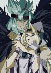  1boy aqua_hair black_headband black_wings blonde_hair blue_eyes circlet female filia_ul_copt gloves grey_background hat headband highres holding_another&#039;s_wrist horns long_hair nagisa_iwa open_mouth parted_bangs scar scar_on_face scared simple_background single_horn slayers slayers_try sweat upper_body valgarv_(slayers) veins veiny_arms white_gloves white_headwear wings 