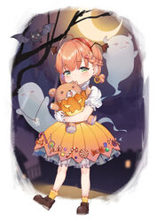  absurdres aged_down ahoge bat_(animal) blush braid brown_footwear candy candy_cane commentary_request crescent_moon female flower food french_braid full_body ghost gloves green_eyes hair_flower hair_ornament hairband halloween_costume highres holding holding_stuffed_toy honma_himawari id_card jack-o&#039;-lantern jiliang_jiying_yumao lanyard lolicon lollipop looking_at_viewer low_twintails moon nibbling nijisanji orange_hair orange_skirt orange_socks puffy_short_sleeves puffy_sleeves red_hairband shoes short_sleeves skirt socks solo stuffed_animal stuffed_toy sunflower teddy_bear twintails virtual_youtuber white_gloves 