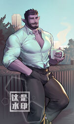  1boy absurdres against_fence baimeme bara beard bulge bursting_pectorals collared_shirt colored_skin commission cup facial_hair feet_out_of_frame fence hair_slicked_back hand_in_pocket highres holding holding_cup large_pectorals looking_at_viewer male_focus mature_male moustache mug muscular muscular_male oc_(eros-cogito) original partially_unbuttoned pectoral_cleavage pectorals pointy_ears purple_eyes purple_skin shirt short_hair sleeves_rolled_up soccer solo standing thick_eyebrows thick_thighs thighs 