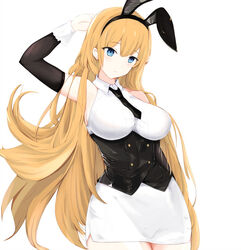  animal_ears arm_up astoria_(azur_lane) astoria_(azur_lane)_(cosplay) astoria_(black_bunny_carnival)_(azur_lane) azur_lane bad_id bad_pixiv_id bare_shoulders black_hairband black_necktie blonde_hair blue_eyes blush breasts closed_mouth commentary cosplay cowboy_shot detached_sleeves fake_animal_ears female hairband highres large_breasts long_hair long_sleeves necktie north_carolina_(azur_lane) rabbit_ears sa_(nax49) simple_background white_background 