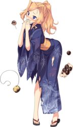  blonde_hair blue_eyes blush breasts female fireworks_print food food_on_face full_body hands_on_own_face honolulu_(kancolle) japanese_clothes kantai_collection kimono large_breasts long_hair official_alternate_costume official_art print_kimono takoyaki torn_clothes transparent_background ugume yukata 