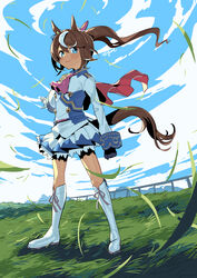  animal_ears ascot asymmetrical_gloves blue_eyes boots brown_hair female gloves grass highres horse_ears horse_girl horse_tail kakuzato long_hair mismatched_gloves multicolored_hair ponytail signature skirt smile solo streaked_hair tail tokai_teio_(umamusume) two-tone_hair umamusume white_hair wind 