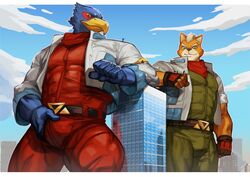  2020 absurd_res anthro avian bird building bulge canid canine city clothing duo falco_lombardi fingerless_gloves fox fox_mccloud gloves handwear hi_res holding_crotch macro male mammal muscular muscular_male nintendo star_fox traver009 