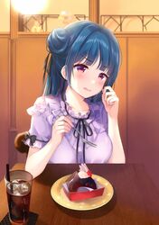  black_ribbon blue_hair blunt_bangs blurry blurry_background breasts chair collarbone cup depe dessert drinking_straw female food fork frilled_shirt frills hair_bun hands_up highres holding holding_fork ice ice_cube indoors long_hair looking_at_viewer love_live! love_live!_sunshine!! medium_breasts neck_ribbon open_mouth pink_eyes plate pov_across_table purple_shirt ribbon shirt short_sleeves single_hair_bun sitting soda solo table tsushima_yoshiko upper_body wooden_table 