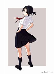  black_hair female from_behind highres looking_back miniskirt original school_uniform shirt short_hair short_ponytail signature skirt solo standing takimoto_nao white_shirt 