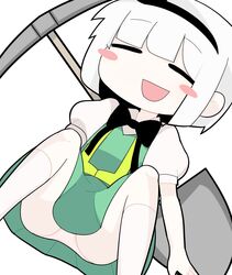  :d black_bow black_bowtie black_hairband blunt_bangs blush blush_stickers bob_cut bow bowtie collared_shirt commentary_request cookie_(touhou) feet_out_of_frame female flat_chest green_skirt green_vest hairband hospital_king konpaku_youmu medium_bangs open_mouth panties pickaxe puffy_short_sleeves puffy_sleeves shirt short_hair short_sleeves shovel simple_background skirt skirt_set smile touhou underwear vest white_background white_hair white_panties white_shirt zerukalo_(cookie) 