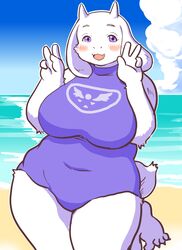  2019 4_fingers 4_toes anthro beach big_breasts blush boss_monster_(undertale) bovid breasts caprine clothing curvy_figure cute_fangs feet female fingers gesture hand_gesture kin-shun mammal navel open_mouth purple_eyes seaside slightly_chubby solo swimwear thick_thighs toes toriel undertale undertale_(series) v_sign voluptuous wide_hips 