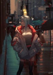  absurdres animal_ear_fluff animal_ears belt black_thighhighs blue_eyes blurry blurry_background braid breasts contrapposto crown depth_of_field ear_piercing female french_braid grey_jacket hair_ornament hairclip hands_in_pockets highres jacket jiliang_jiying_yumao large_breasts liquid_hair long_hair nijisanji nyatsuki_(virtuareal) outdoors parted_lips piercing ponytail profile red_belt shirt sidelocks skindentation solo standing thighhighs two-sided_fabric two-sided_jacket virtual_youtuber virtuareal wet wet_hair white_shirt 